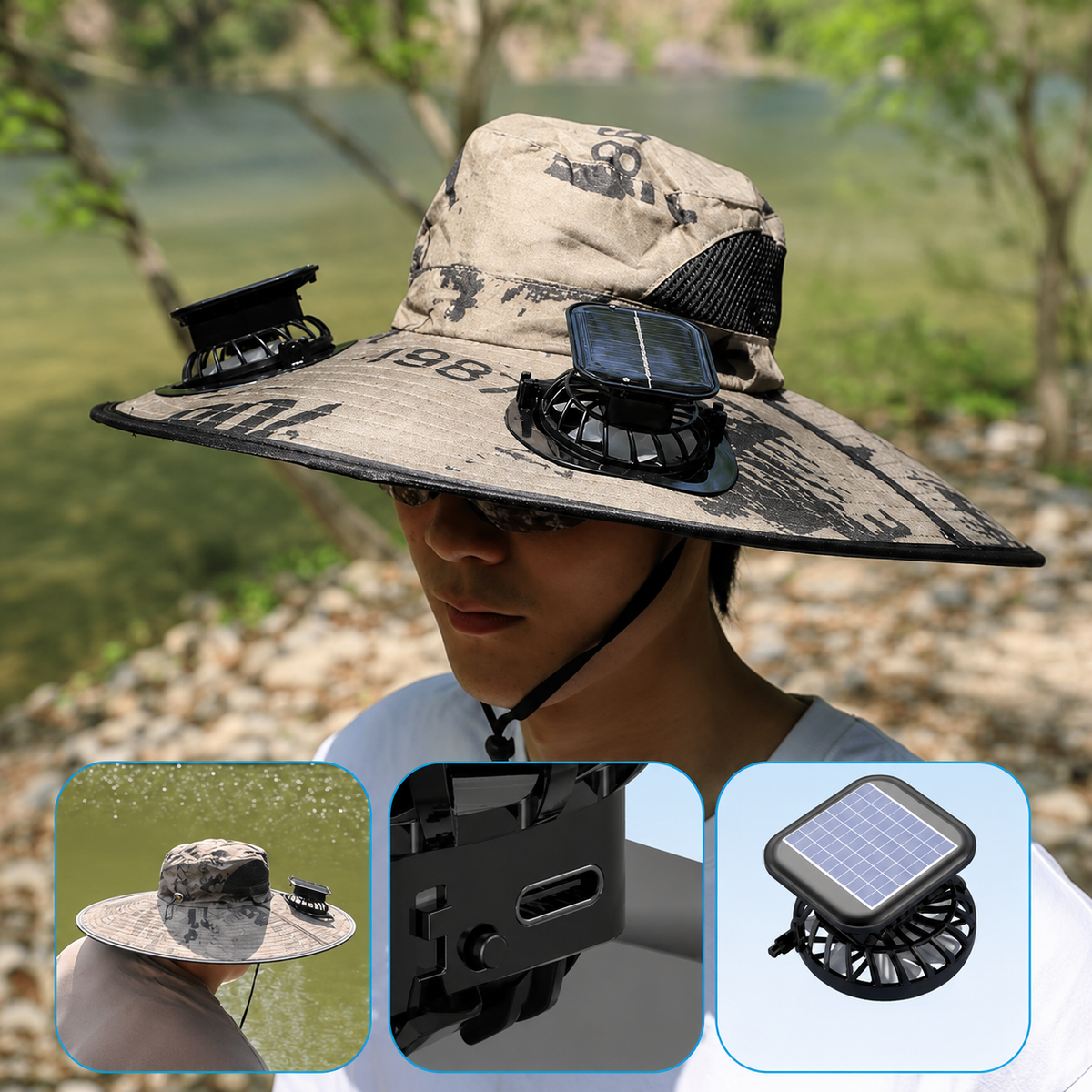 Sonnenhut mit eingebauten Ventilatoren – perfekt zum Wandern, Angeln und für Outdoor-Aktivitäten.