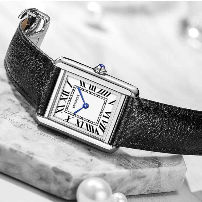 Square stainless steel and black leather watch | Solstice