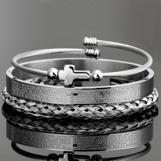 Trio of Our Father Cross Bangles - Chic Stainless Steel with Gold and Silver Finish