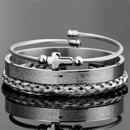 Trio of Our Father Cross Bangles - Chic Stainless Steel with Gold and Silver Finish