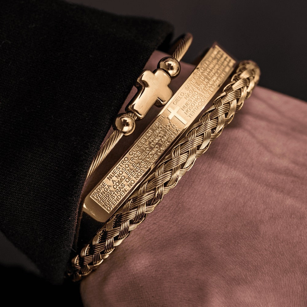 Trio of Our Father Cross Bangles - Chic Stainless Steel with Gold and Silver Finish