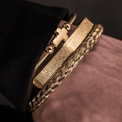 Trio of Our Father Cross Bangles - Chic Stainless Steel with Gold and Silver Finish