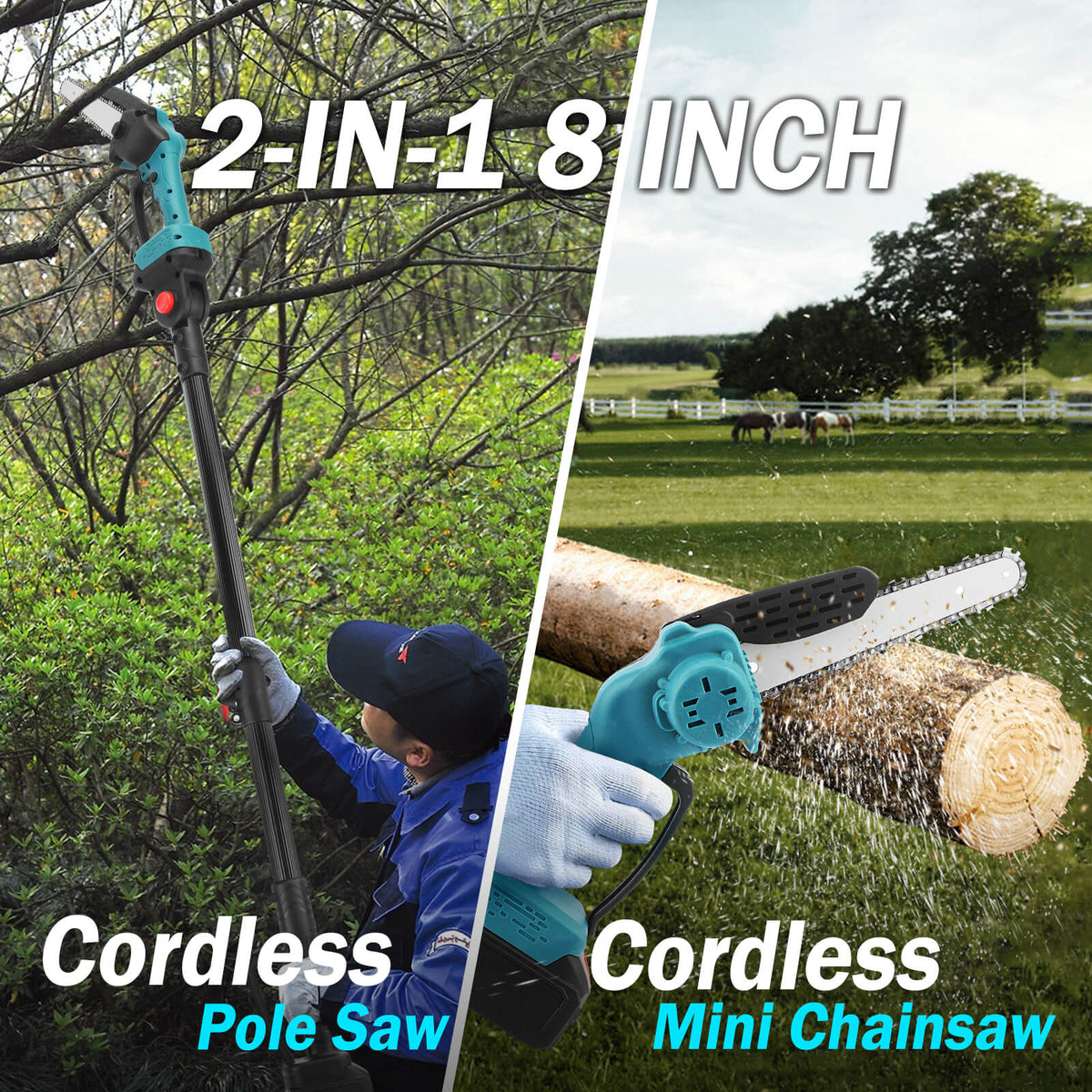 8-inch 2-in-1 cordless chainsaw with pole