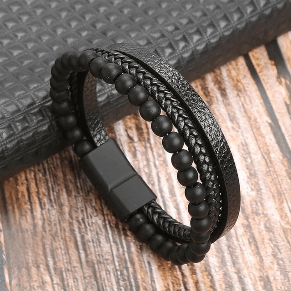 High-quality leather bracelet for men - stylish bling with gemstones and charms