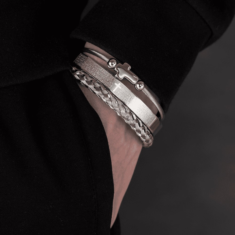 Trio of Our Father Cross Bangles - Chic Stainless Steel with Gold and Silver Finish