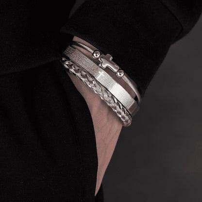 Trio of Our Father Cross Bangles - Chic Stainless Steel with Gold and Silver Finish