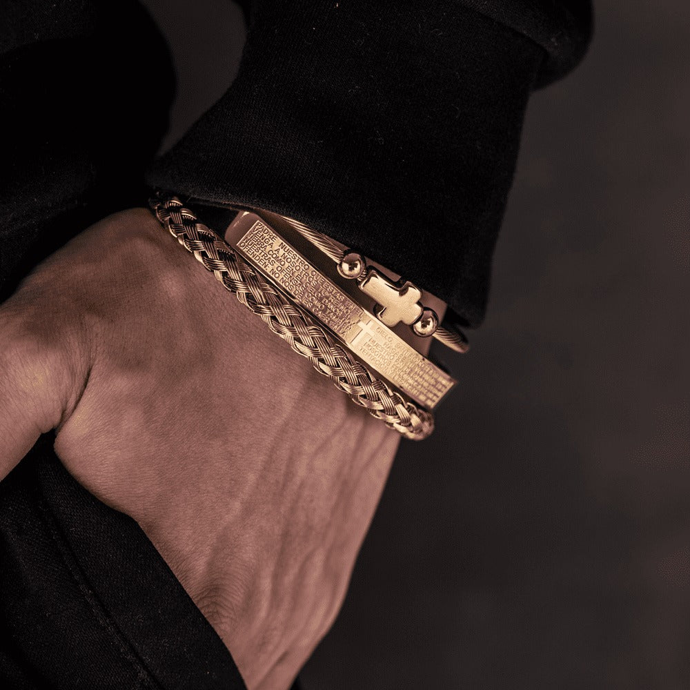 Trio of Our Father Cross Bangles - Chic Stainless Steel with Gold and Silver Finish