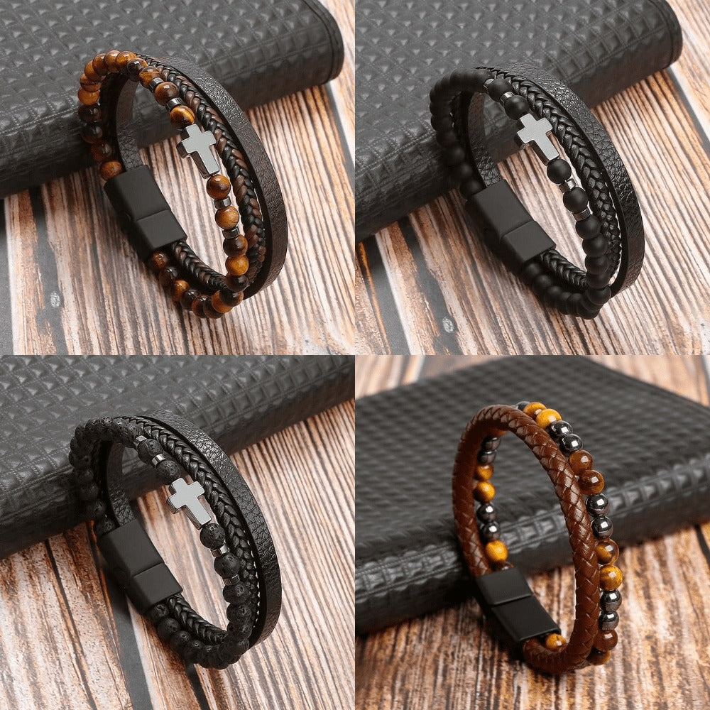 High-quality leather bracelet for men - stylish bling with gemstones and charms