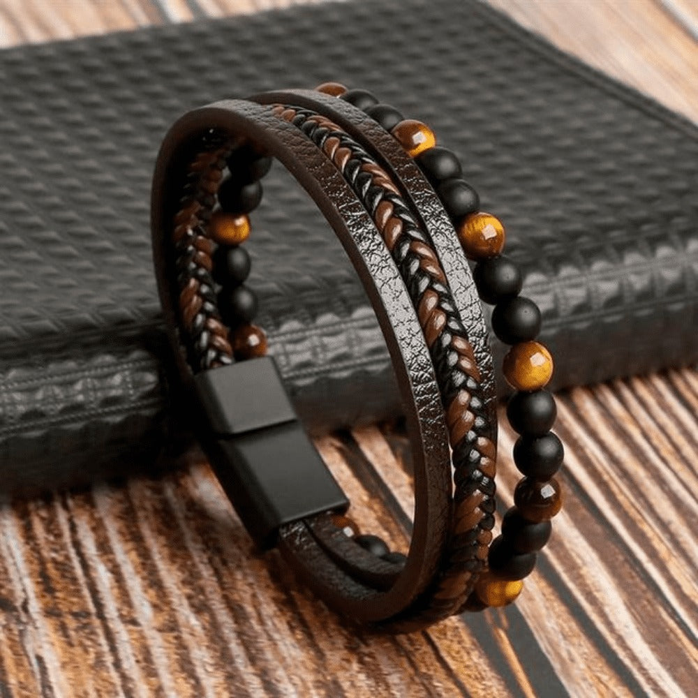 High-quality leather bracelet for men - stylish bling with gemstones and charms
