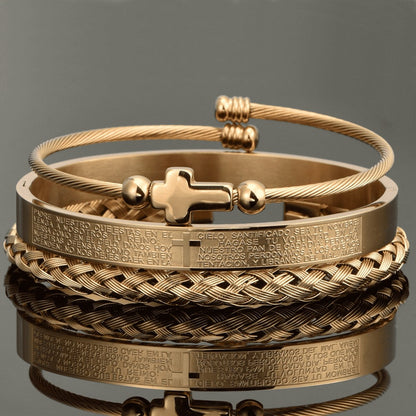 Trio of Our Father Cross Bangles - Chic Stainless Steel with Gold and Silver Finish