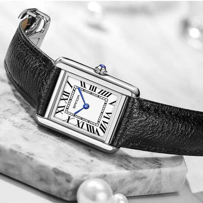 Square stainless steel and black leather watch | Solstice