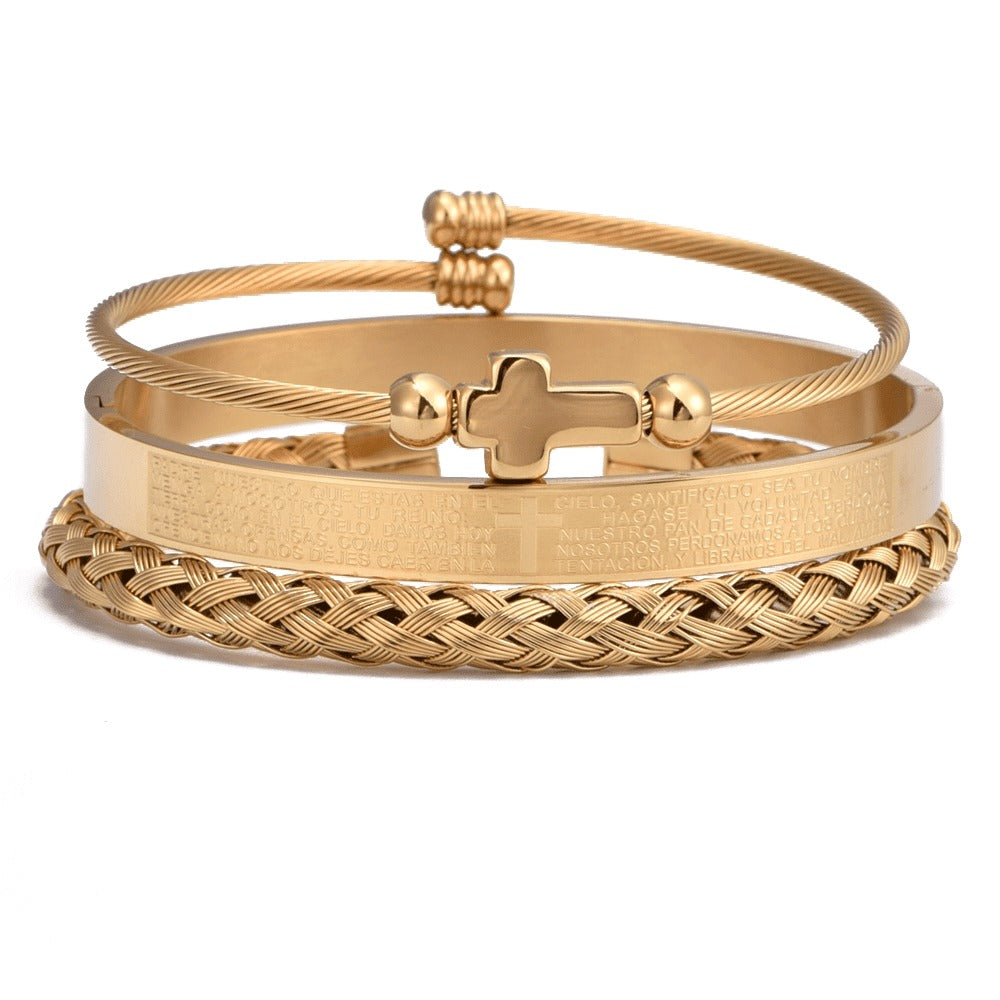 Trio of Our Father Cross Bangles - Chic Stainless Steel with Gold and Silver Finish