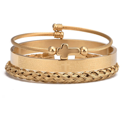 Trio of Our Father Cross Bangles - Chic Stainless Steel with Gold and Silver Finish