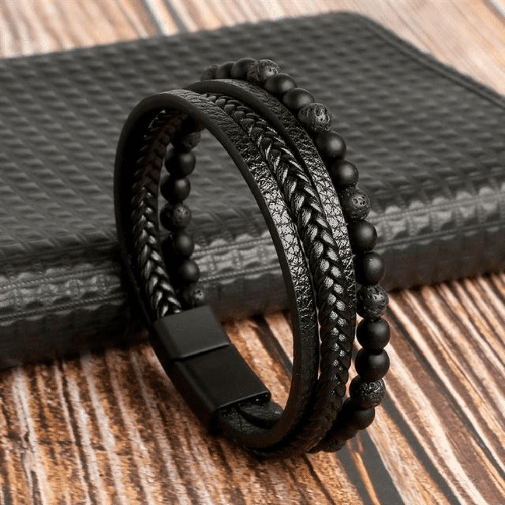 High-quality leather bracelet for men - stylish bling with gemstones and charms