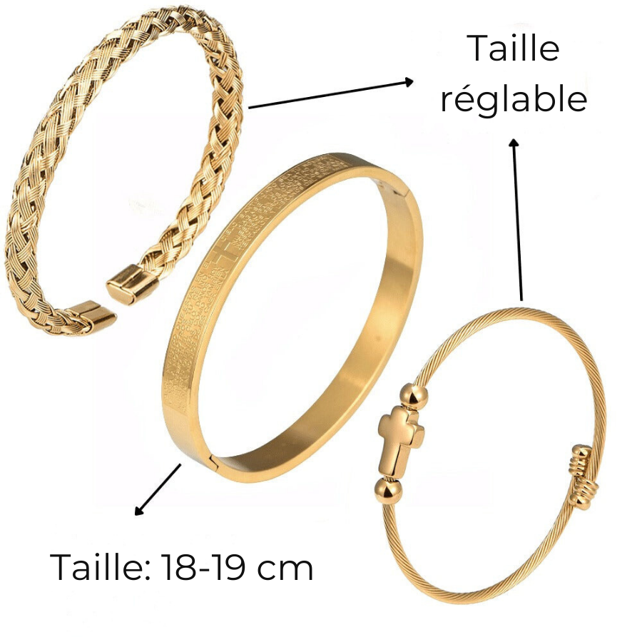 Trio of Our Father Cross Bangles - Chic Stainless Steel with Gold and Silver Finish