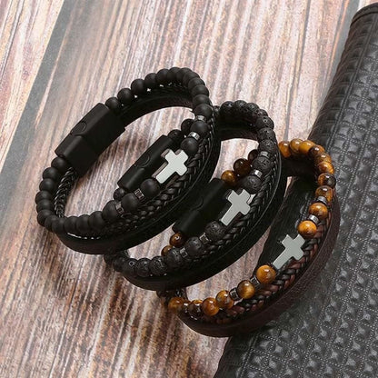 High-quality leather bracelet for men - stylish bling with gemstones and charms