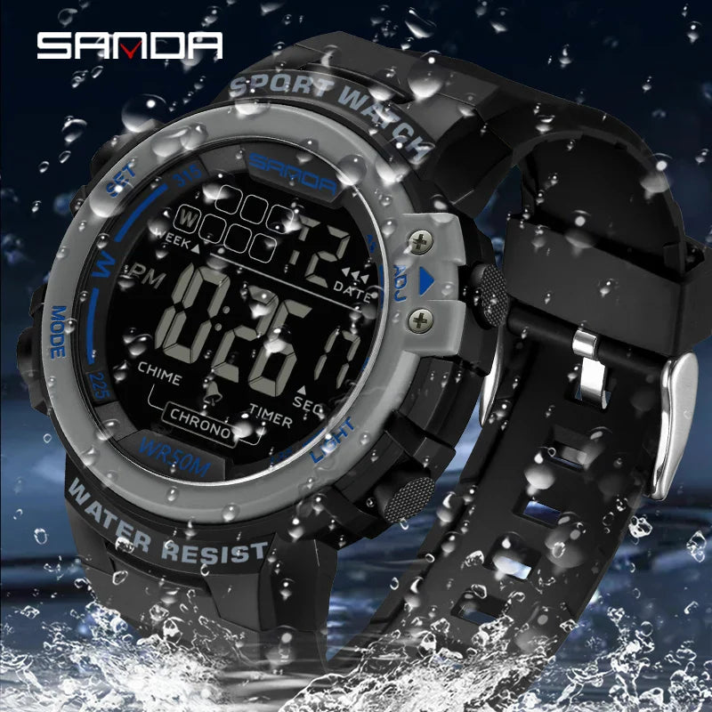 Sanda relógio masculino estilo militar g, despertador digital led, moda esportiva, display duplo, 50m, à prova d'água