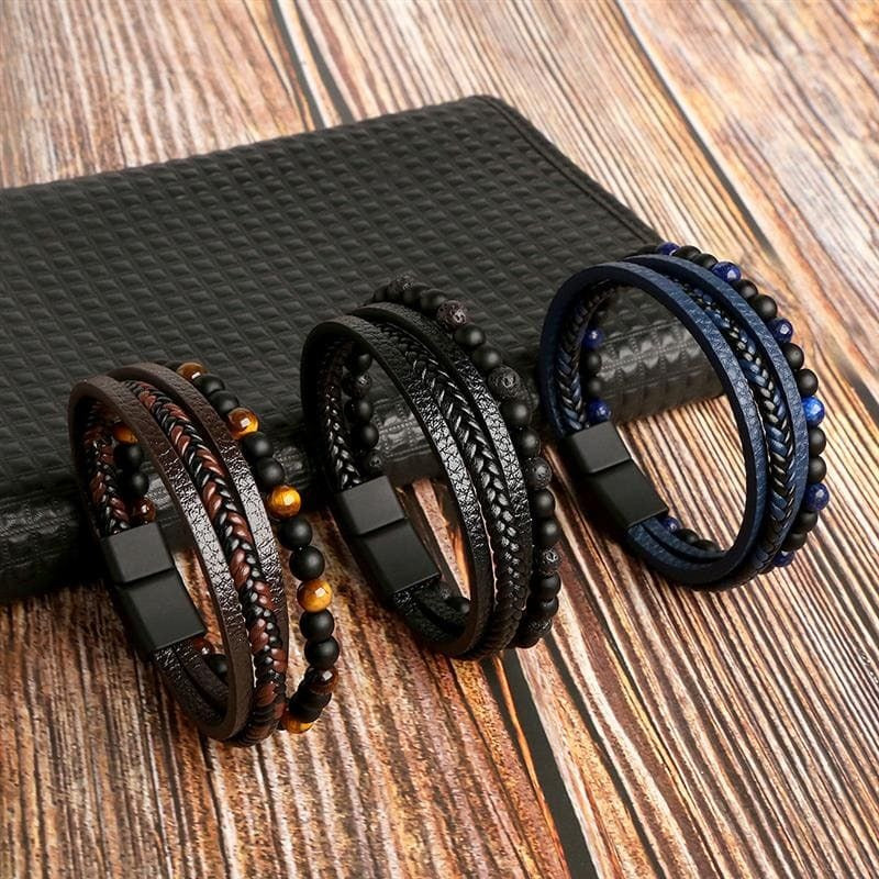 High-quality leather bracelet for men - stylish bling with gemstones and charms