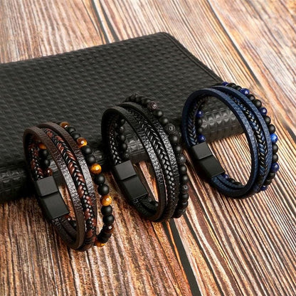 High-quality leather bracelet for men - stylish bling with gemstones and charms