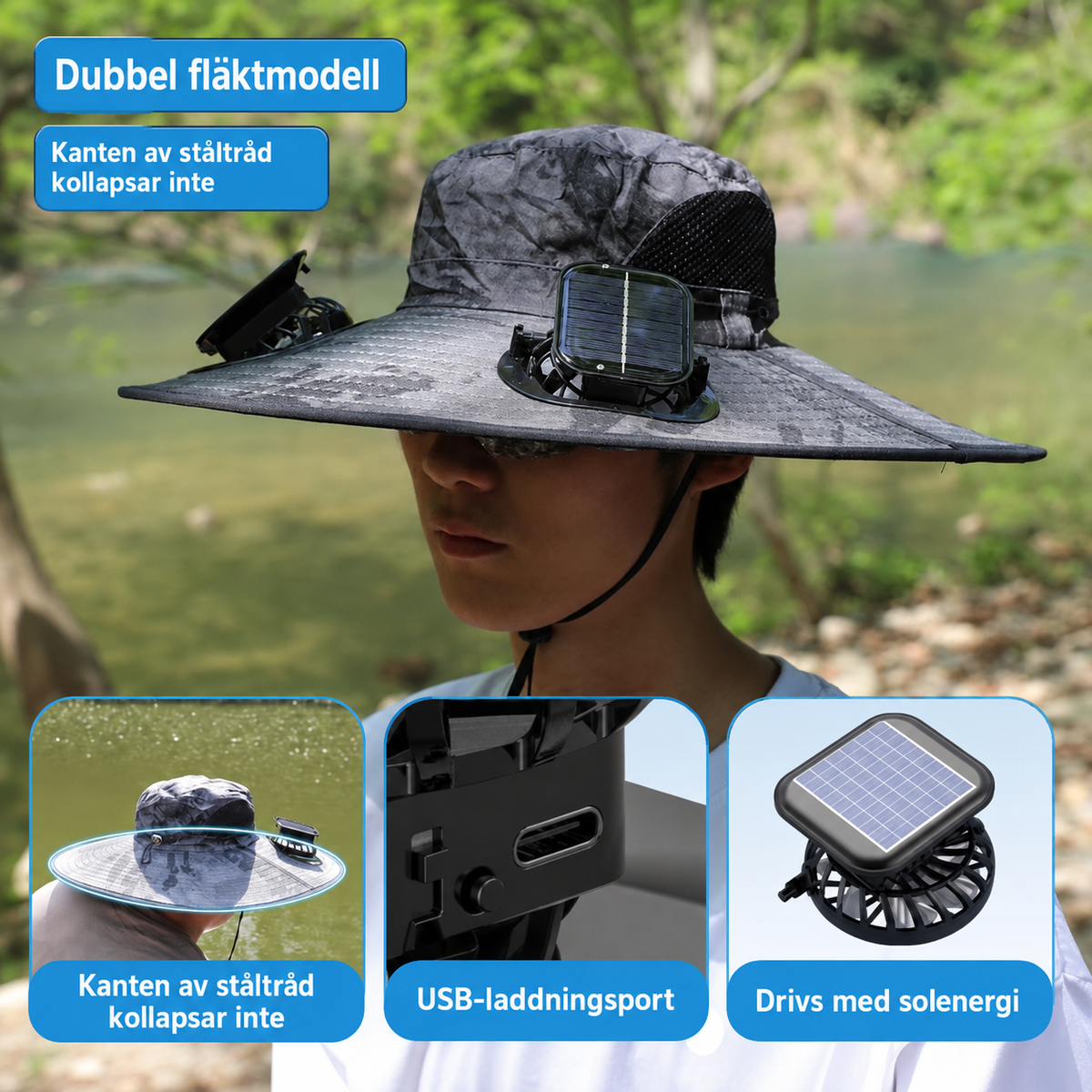 Sonnenhut mit eingebauten Ventilatoren – perfekt zum Wandern, Angeln und für Outdoor-Aktivitäten.