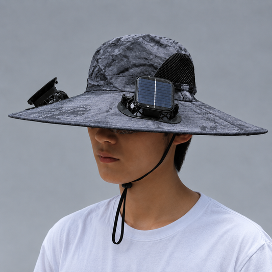 Sun Hat with Built-in Fans – perfect for hiking, fishing, and outdoor activities.